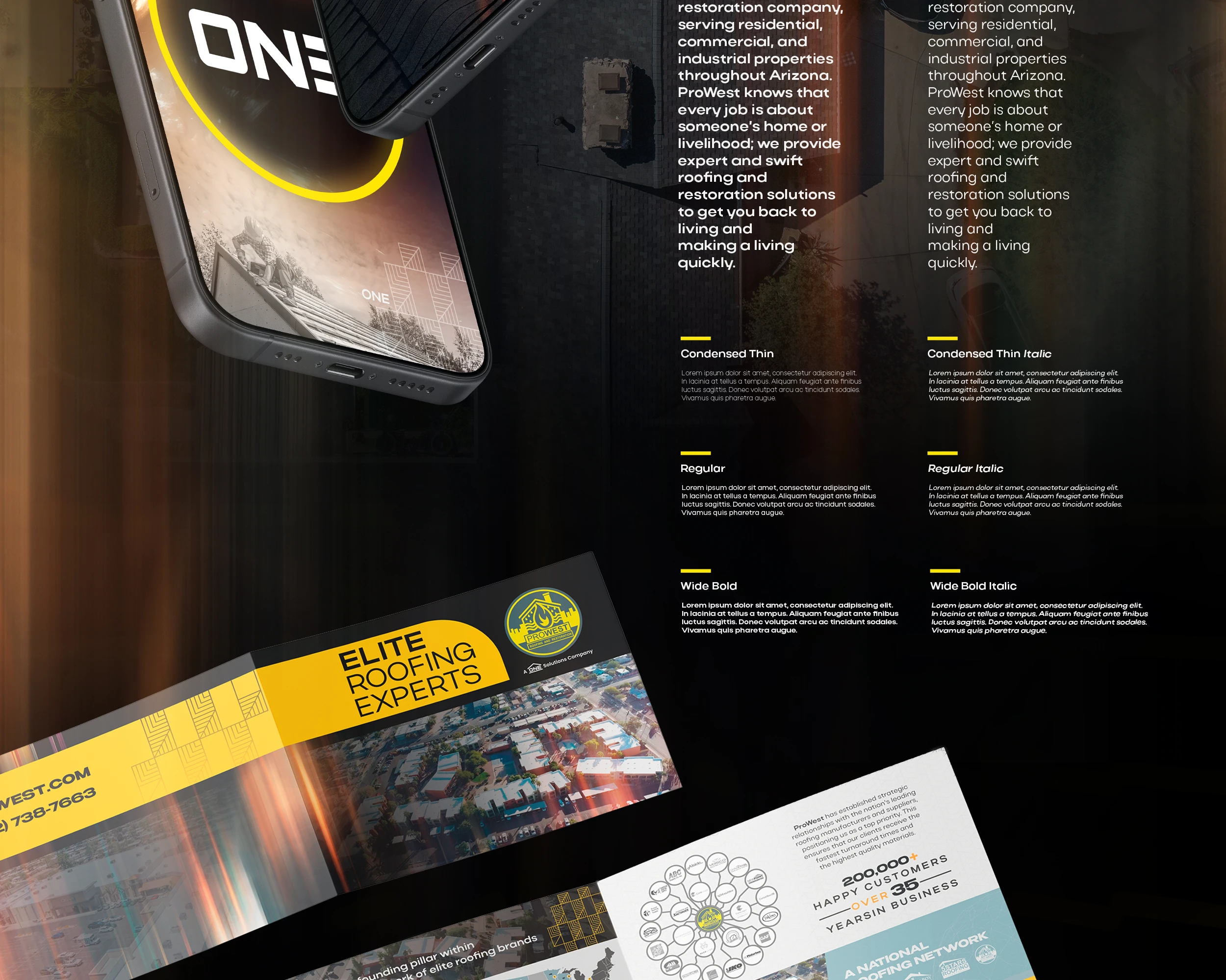 Prowest branded construction mesh with the logo and A ONE Solutions Company tagline above a billboard mockup showing a car crashed through a roof with brand color swatches in yellow, gray, blue, and white