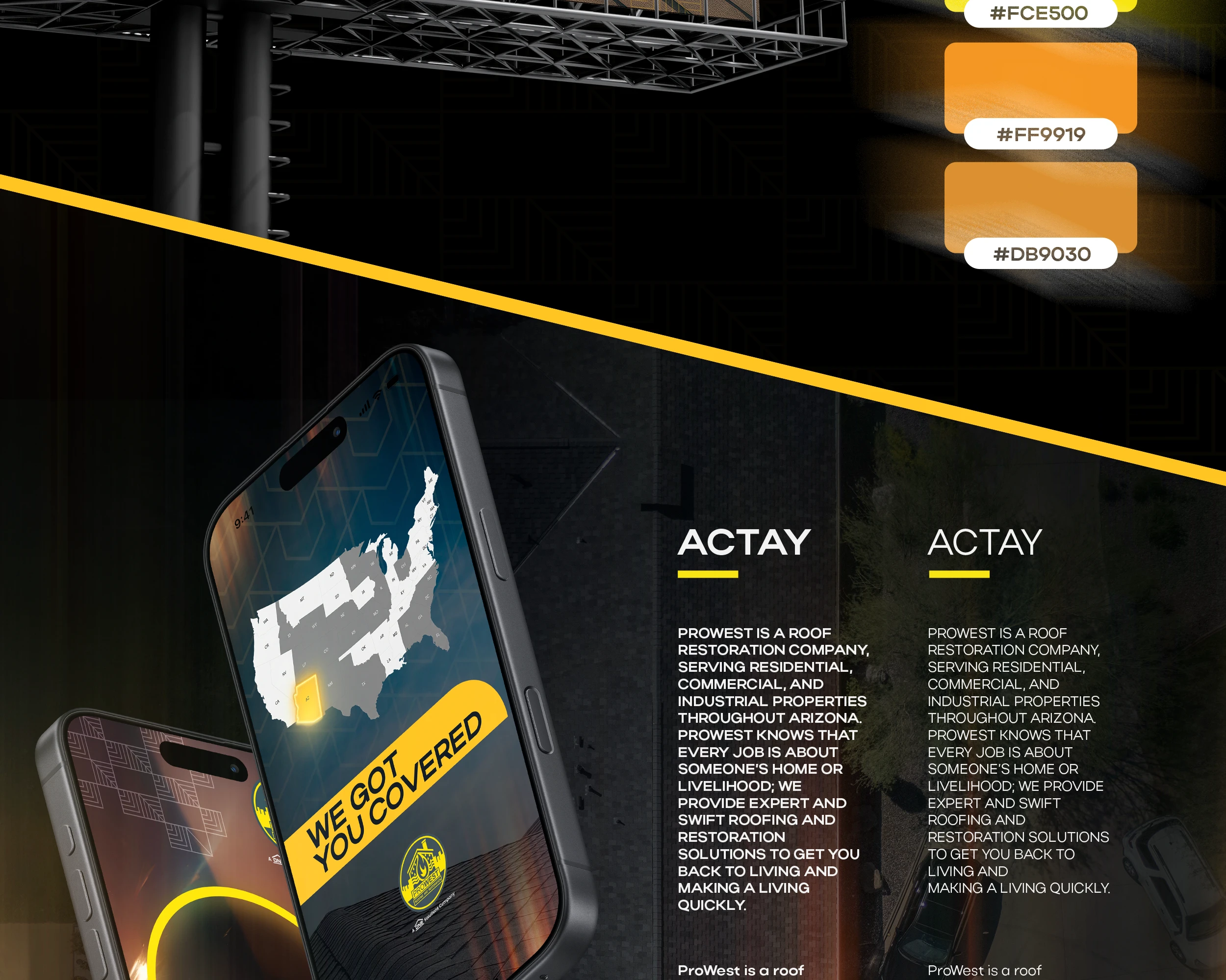 Brand color palette with orange and amber hex codes alongside Actay typeface samples and a mobile phone mockup displaying the ProWest We Got You Covered screen with a US coverage map