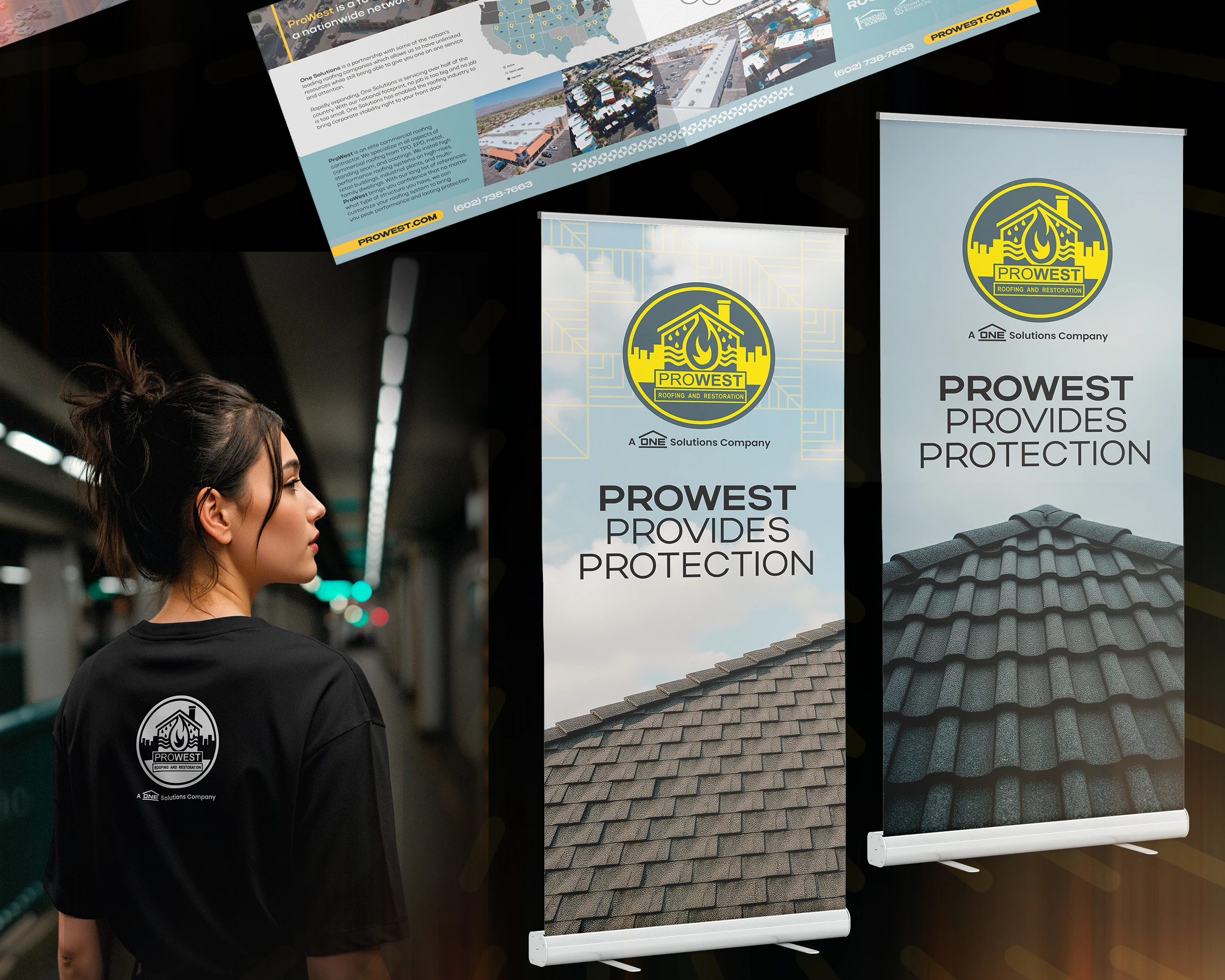 ProWest Roofing and Restoration white logo centered on a blue sky background with Serge Creator Studios branding and branded yellow and black construction mesh visible below