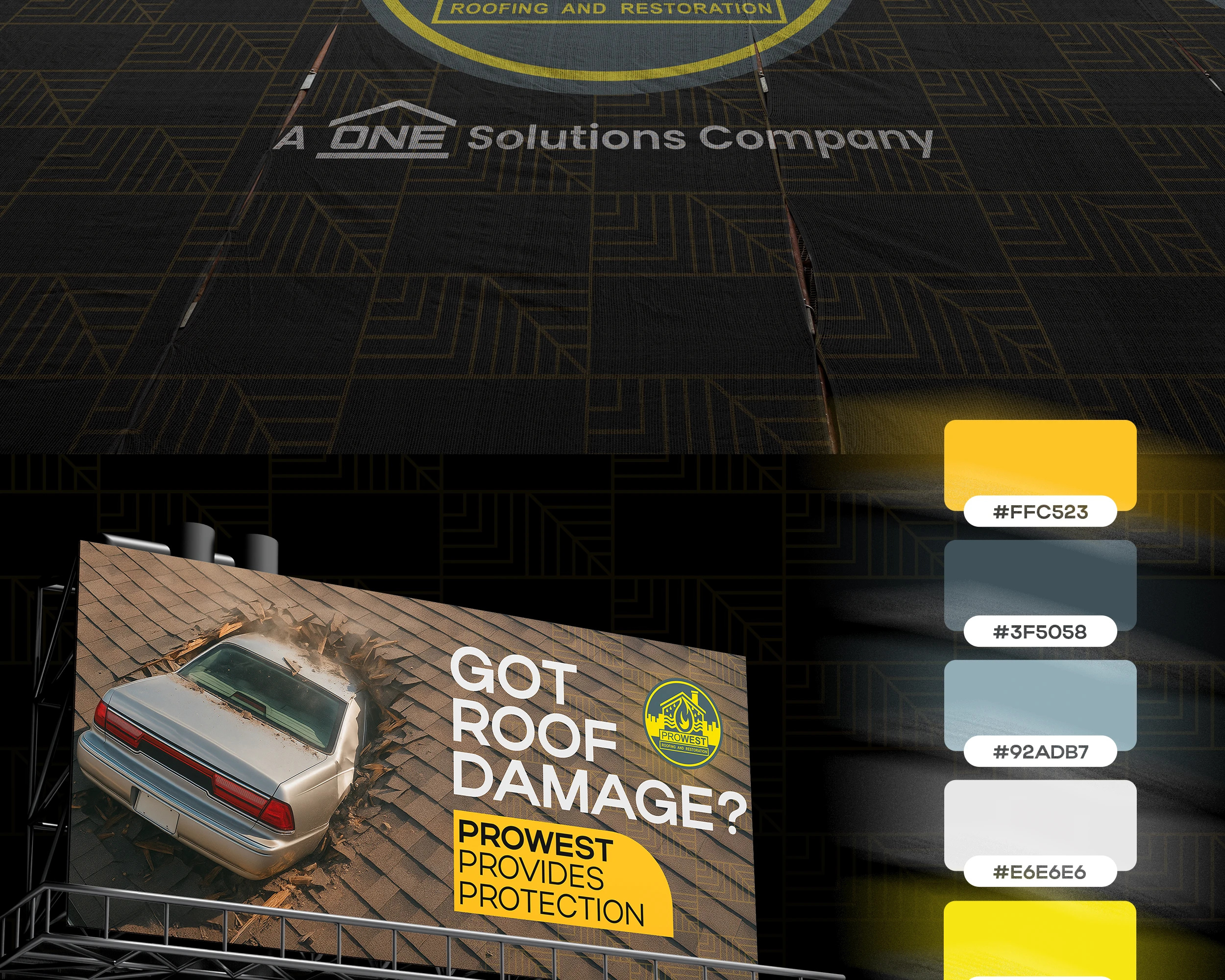Typography and print design spread showing Actay typeface in condensed thin, regular, wide bold, and italic weights alongside branded mobile mockups and the ProWest Elite Roofing Experts brochure