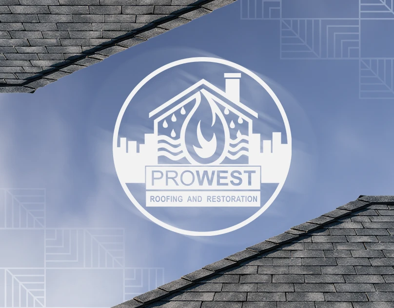 ProWest Roofing and Restoration white logo featuring a house silhouette with a flame and water droplet icon set against a soft blue cloudy sky background